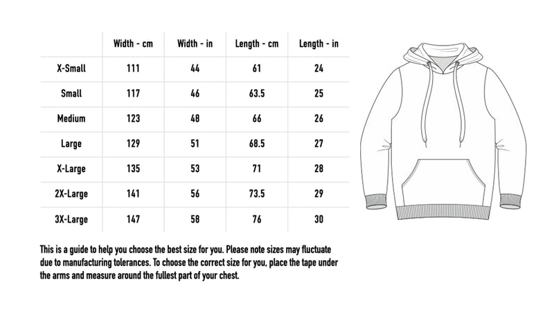 Size chart for Creeper Vampire Hoodie