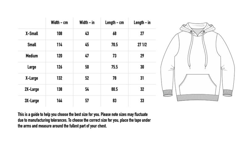 Size chart for Sanguivore II Hoodie - Black