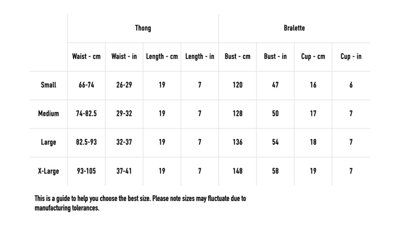 Size chart for Custom Lingerie Set