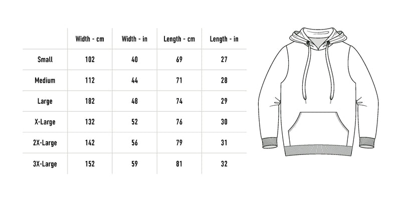 Size chart for Spat Out of Heaven Hoodie