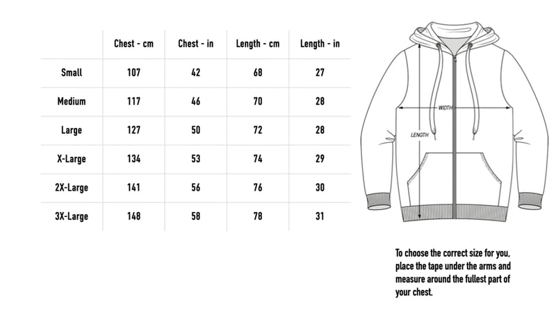 Size chart for Angelic Underworld Zip Hoodie  - Black